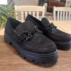SHU SHOP Tilda Black Suede Lug Sole Embellished Loafers Size 8.5 Women's